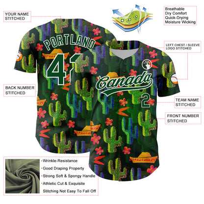 Custom Green White 3D Pattern Design Cactus Festival Authentic Baseball Jersey - Sky-Custom