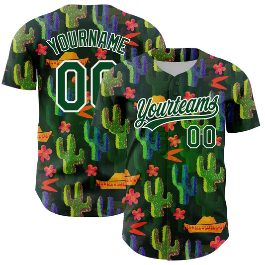 Custom Green White 3D Pattern Design Cactus Festival Authentic Baseball Jersey - Sky-Custom
