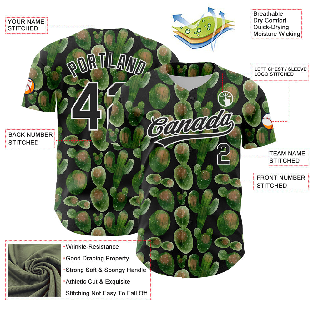 Custom Black White 3D Pattern Design Cactus Festival Authentic Baseball Jersey - Sky-Custom
