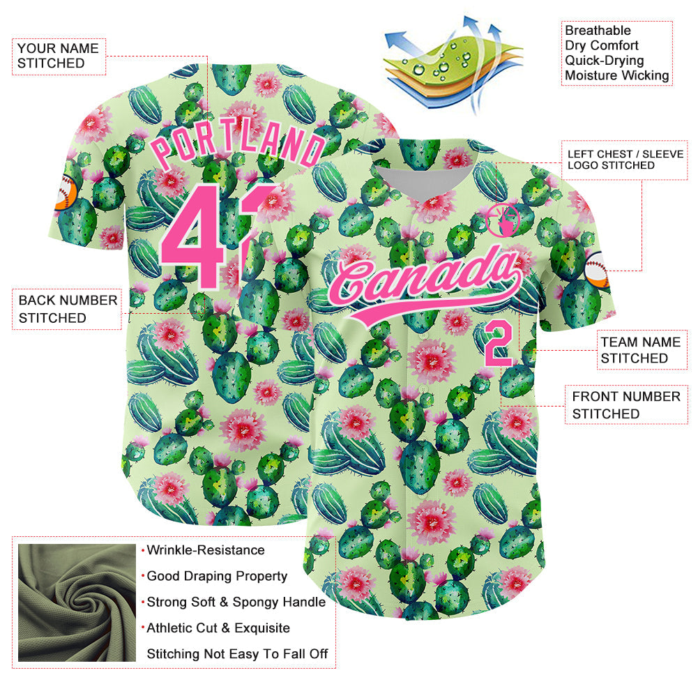 Custom Green Pink-White 3D Pattern Design Cactus Festival Authentic Baseball Jersey - Sky-Custom