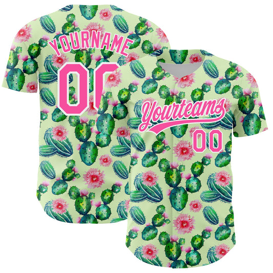 Custom Green Pink-White 3D Pattern Design Cactus Festival Authentic Baseball Jersey - Sky-Custom