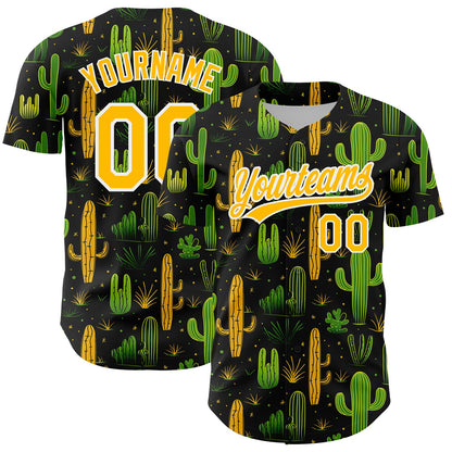 Custom Black Gold-White 3D Pattern Design Cactus Festival Authentic Baseball Jersey - Sky-Custom