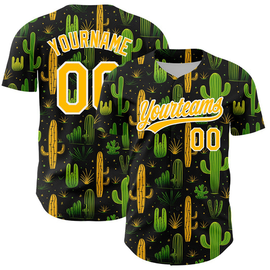 Custom Black Gold-White 3D Pattern Design Cactus Festival Authentic Baseball Jersey - Sky-Custom