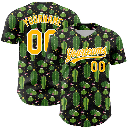 Custom Black Gold-White 3D Pattern Design Cactus Festival Authentic Baseball Jersey - Sky-Custom