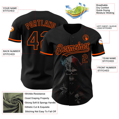 Custom Black Orange 3D Skull Fashion Authentic Baseball Jersey - Sky-Custom