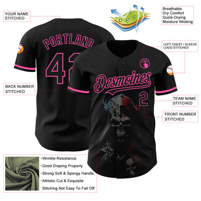 Custom Black Pink 3D Skull Fashion Authentic Baseball Jersey - Sky-Custom