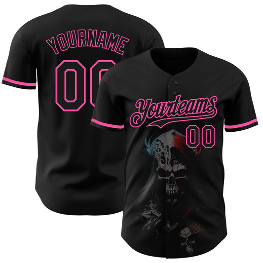 Custom Black Pink 3D Skull Fashion Authentic Baseball Jersey - Sky-Custom
