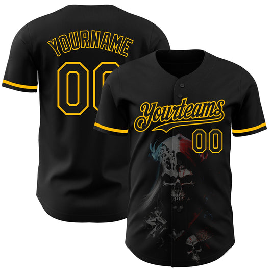 Custom Black Gold 3D Skull Fashion Authentic Baseball Jersey - Sky-Custom