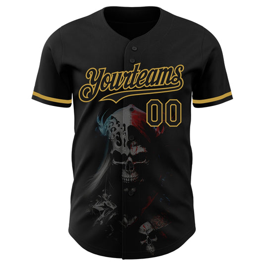 Custom Black Old Gold 3D Skull Fashion Authentic Baseball Jersey - Sky-Custom