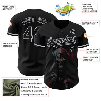 Custom Black Gray 3D Skull Fashion Authentic Baseball Jersey - Sky-Custom