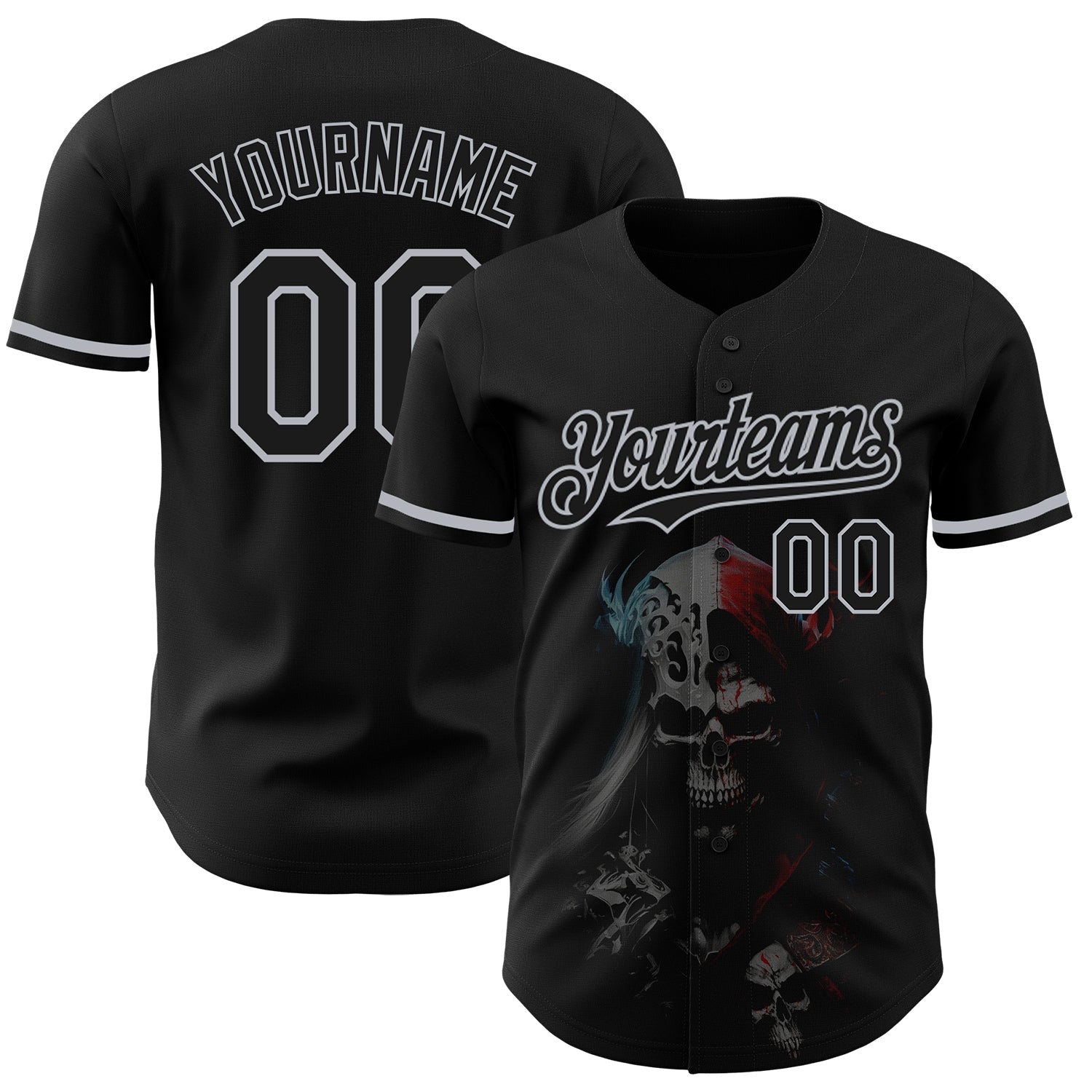 Custom Black Gray 3D Skull Fashion Authentic Baseball Jersey - Sky-Custom