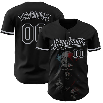Custom Black Gray 3D Skull Fashion Authentic Baseball Jersey - Sky-Custom