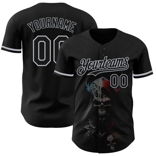 Custom Black Gray 3D Skull Fashion Authentic Baseball Jersey - Sky-Custom
