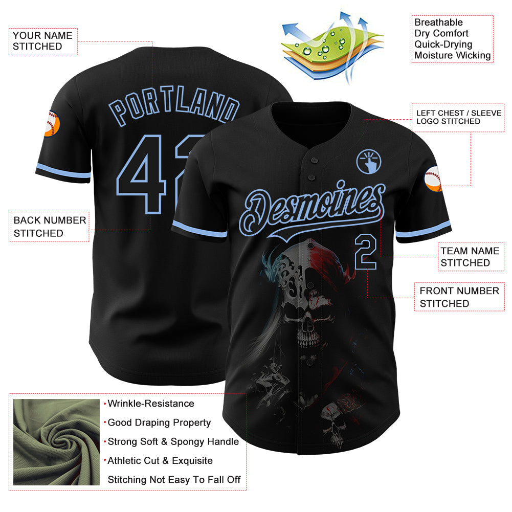 Custom Black Light Blue 3D Skull Fashion Authentic Baseball Jersey - Sky-Custom