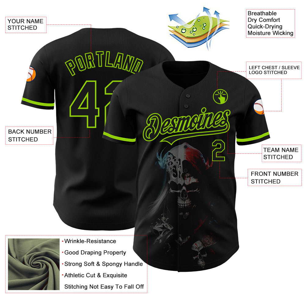 Custom Black Neon Green 3D Skull Fashion Authentic Baseball Jersey - Sky-Custom