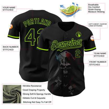 Custom Black Neon Green 3D Skull Fashion Authentic Baseball Jersey - Sky-Custom