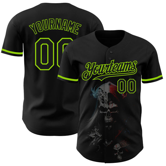 Custom Black Neon Green 3D Skull Fashion Authentic Baseball Jersey - Sky-Custom