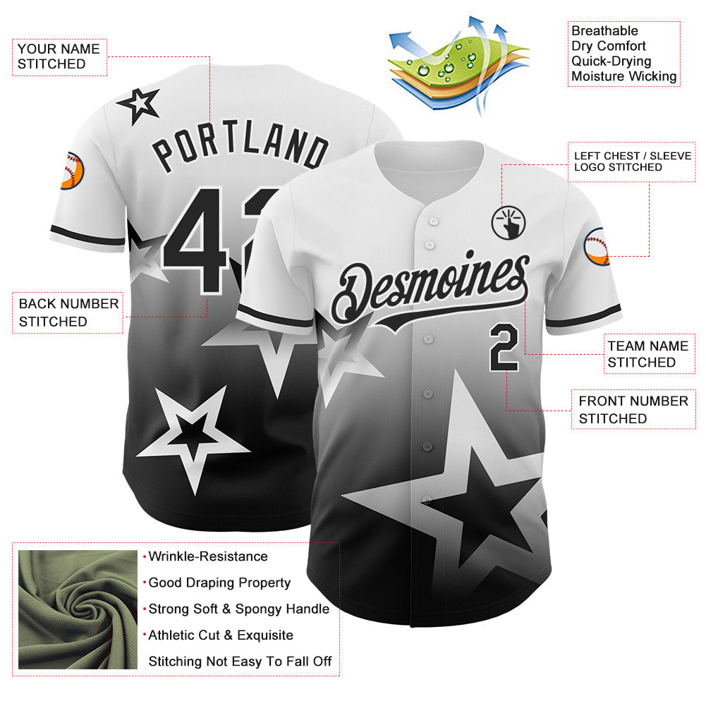 Custom White Black 3D Pattern Design Gradient Style Twinkle Star Authentic Baseball Jersey - Sky-Custom