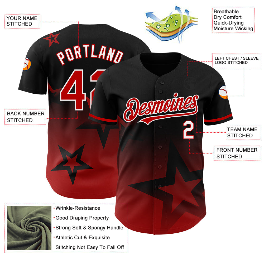 Custom Black Red-White 3D Pattern Design Gradient Style Twinkle Star Authentic Baseball Jersey - Sky-Custom