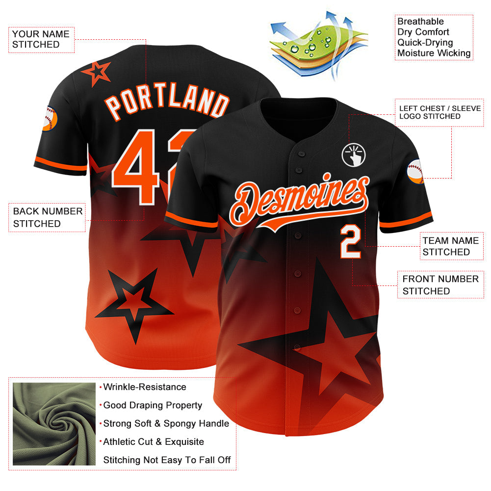 Custom Black Orange-White 3D Pattern Design Gradient Style Twinkle Star Authentic Baseball Jersey - Sky-Custom
