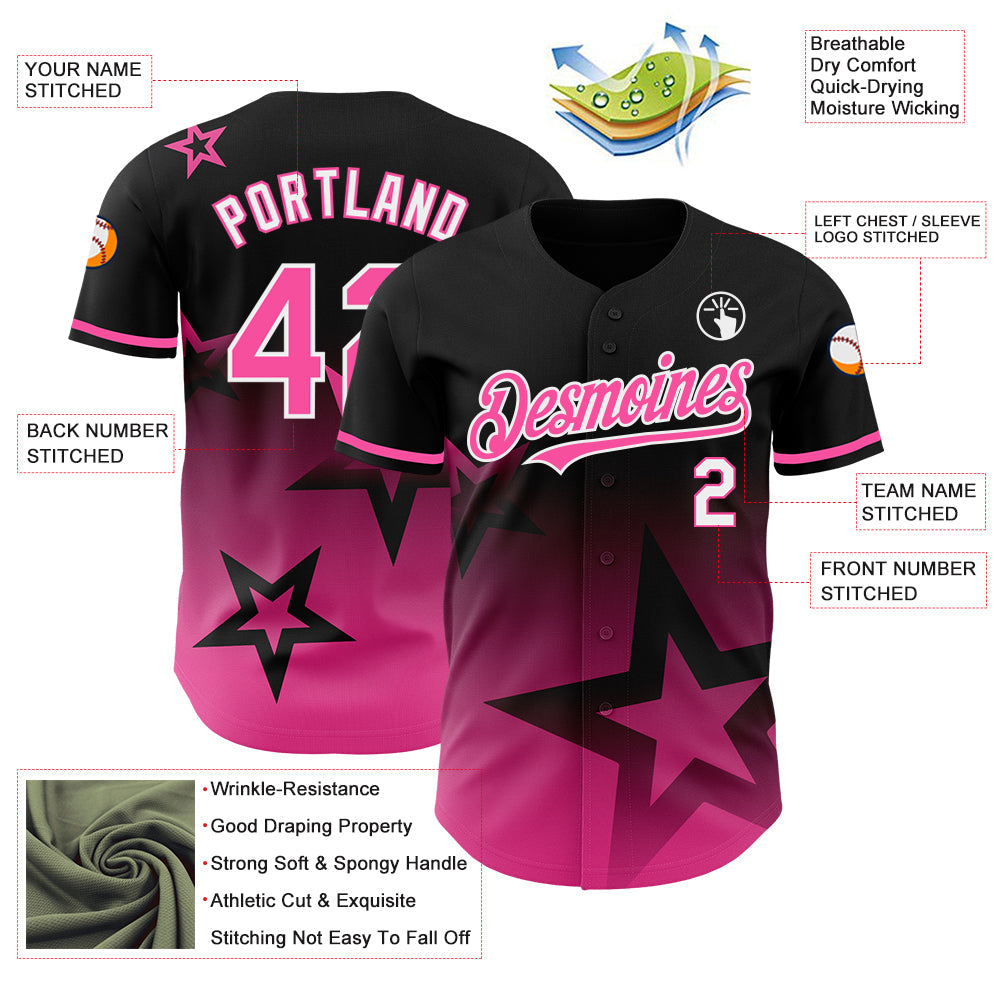 Custom Black Pink-White 3D Pattern Design Gradient Style Twinkle Star Authentic Baseball Jersey - Sky-Custom