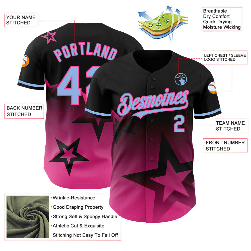 Custom Black Light Blue-Pink 3D Pattern Design Gradient Style Twinkle Star Authentic Baseball Jersey - Sky-Custom