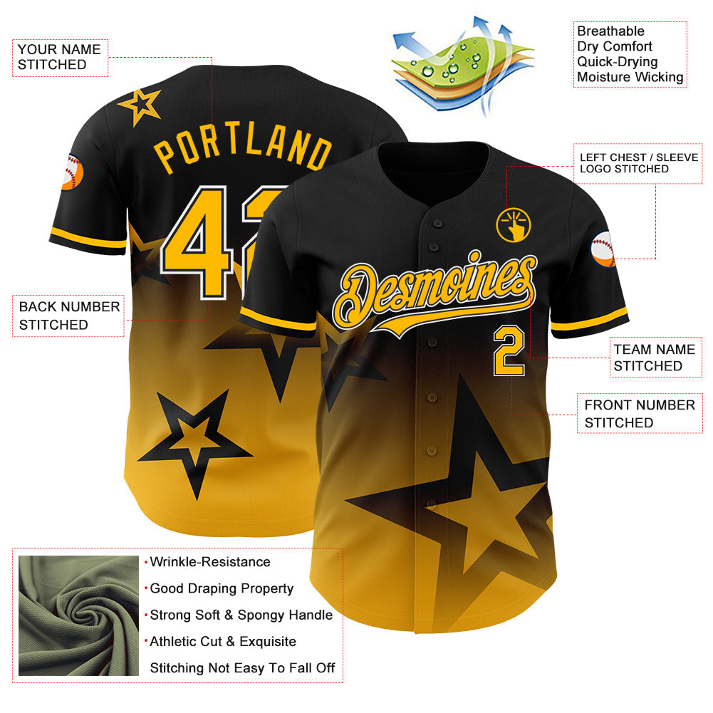 Custom Black Gold-White 3D Pattern Design Gradient Style Twinkle Star Authentic Baseball Jersey - Sky-Custom