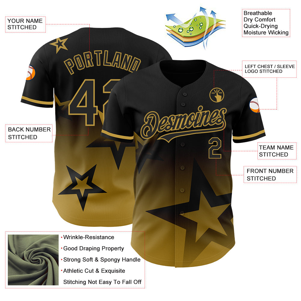 Custom Black Old Gold 3D Pattern Design Gradient Style Twinkle Star Authentic Baseball Jersey - Sky-Custom