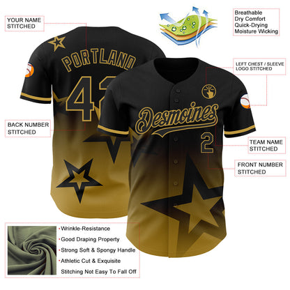 Custom Black Old Gold 3D Pattern Design Gradient Style Twinkle Star Authentic Baseball Jersey - Sky-Custom
