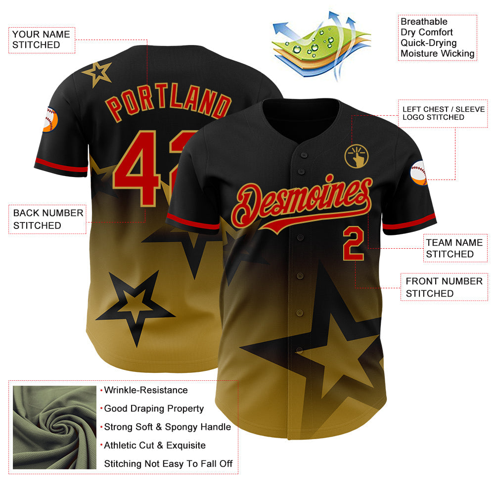 Custom Black Red Old Gold 3D Pattern Design Gradient Style Twinkle Star Authentic Baseball Jersey - Sky-Custom