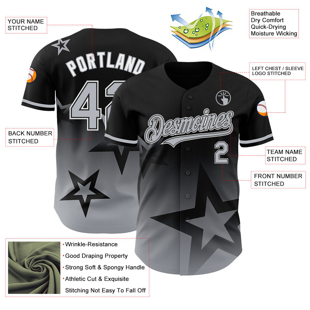 Custom Black Gray-White 3D Pattern Design Gradient Style Twinkle Star Authentic Baseball Jersey - Sky-Custom