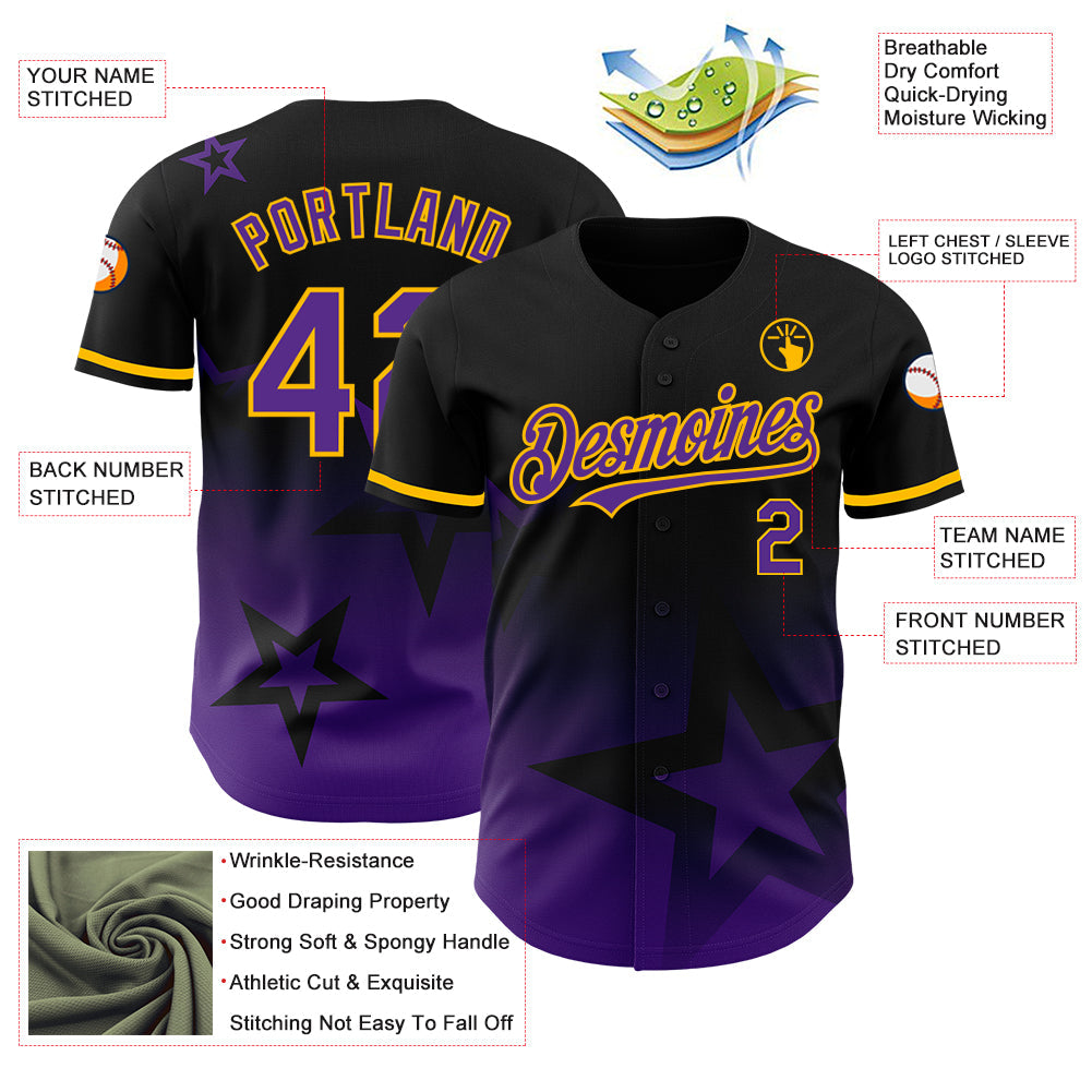 Custom Black Purple-Gold 3D Pattern Design Gradient Style Twinkle Star Authentic Baseball Jersey - Sky-Custom