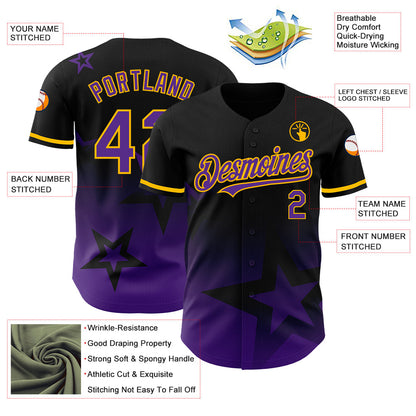Custom Black Purple-Gold 3D Pattern Design Gradient Style Twinkle Star Authentic Baseball Jersey - Sky-Custom