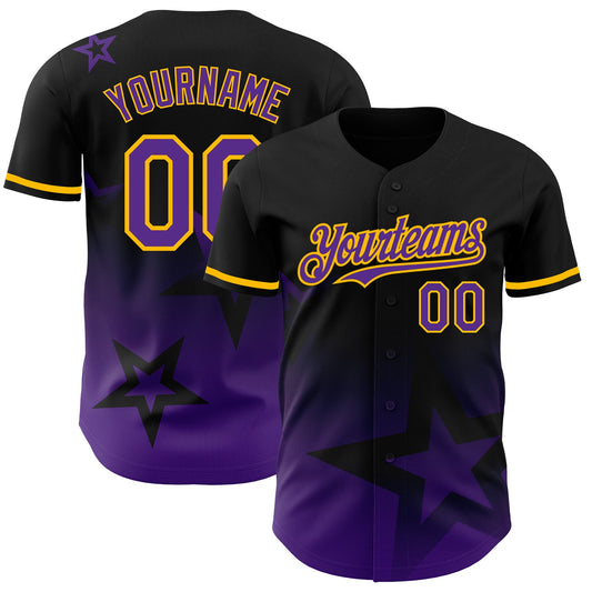Custom Black Purple-Gold 3D Pattern Design Gradient Style Twinkle Star Authentic Baseball Jersey - Sky-Custom