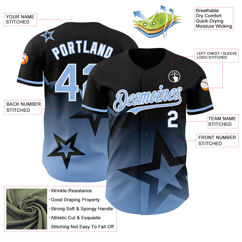 Custom Black Light Blue-White 3D Pattern Design Gradient Style Twinkle Star Authentic Baseball Jersey - Sky-Custom