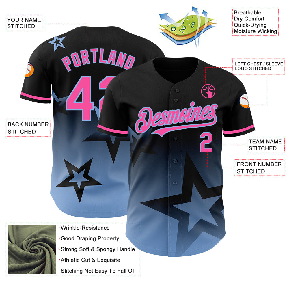 Custom Black Pink-Light Blue 3D Pattern Design Gradient Style Twinkle Star Authentic Baseball Jersey - Sky-Custom
