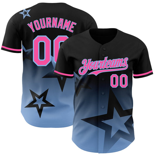 Custom Black Pink-Light Blue 3D Pattern Design Gradient Style Twinkle Star Authentic Baseball Jersey - Sky-Custom