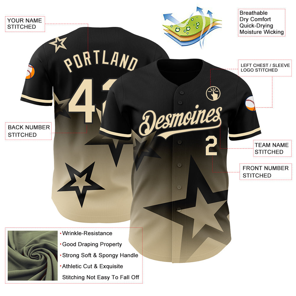 Custom Black Cream 3D Pattern Design Gradient Style Twinkle Star Authentic Baseball Jersey - Sky-Custom