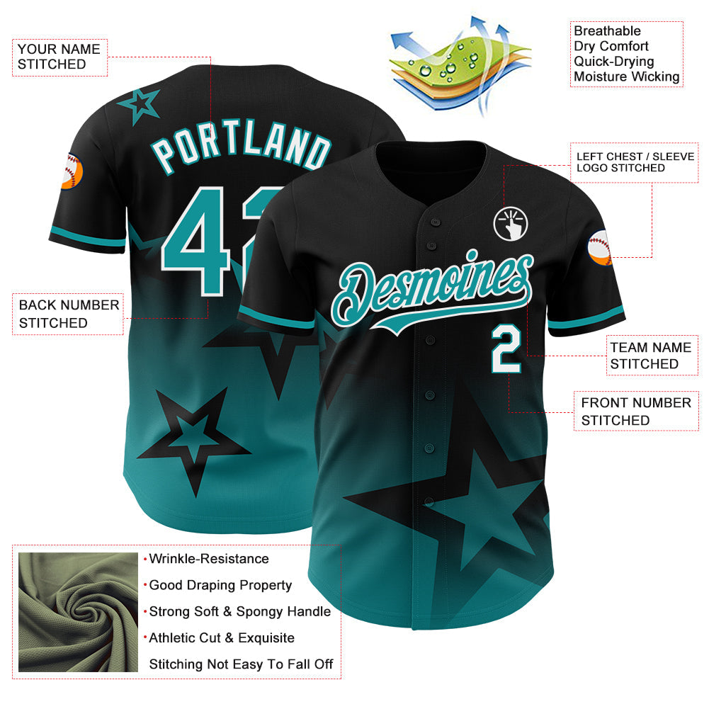 Custom Black Teal-White 3D Pattern Design Gradient Style Twinkle Star Authentic Baseball Jersey - Sky-Custom