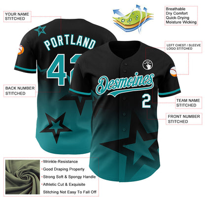 Custom Black Teal-White 3D Pattern Design Gradient Style Twinkle Star Authentic Baseball Jersey - Sky-Custom