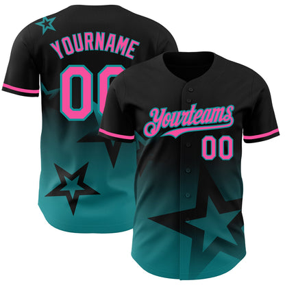 Custom Black Pink-Teal 3D Pattern Design Gradient Style Twinkle Star Authentic Baseball Jersey - Sky-Custom
