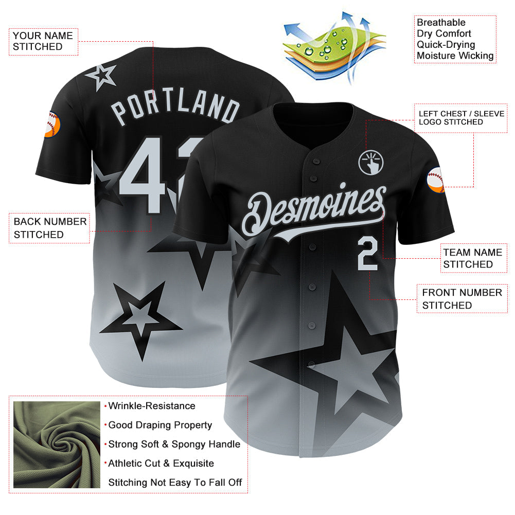 Custom Black Silver 3D Pattern Design Gradient Style Twinkle Star Authentic Baseball Jersey - Sky-Custom