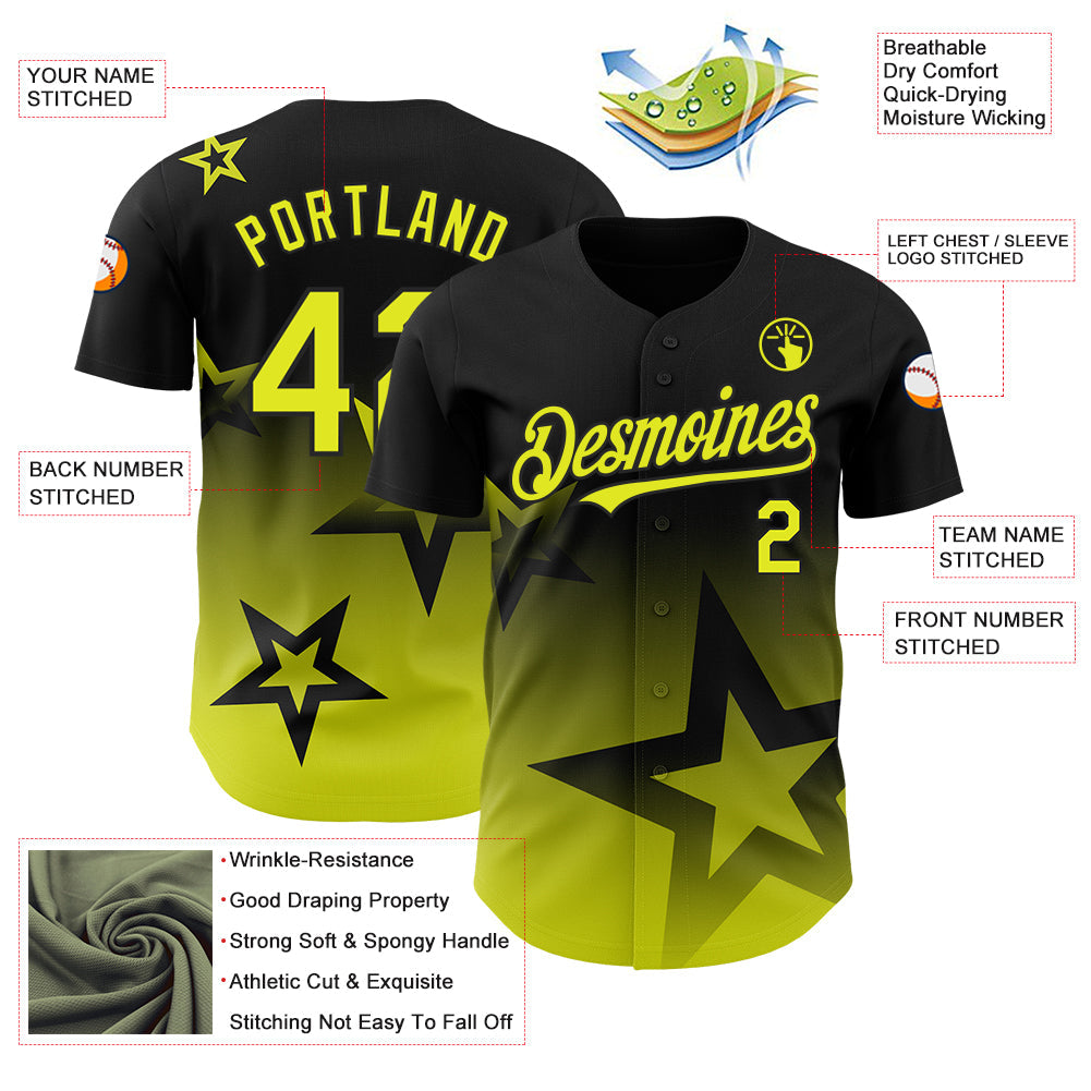 Custom Black Neon Yellow 3D Pattern Design Gradient Style Twinkle Star Authentic Baseball Jersey - Sky-Custom