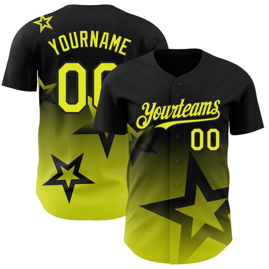 Custom Black Neon Yellow 3D Pattern Design Gradient Style Twinkle Star Authentic Baseball Jersey - Sky-Custom