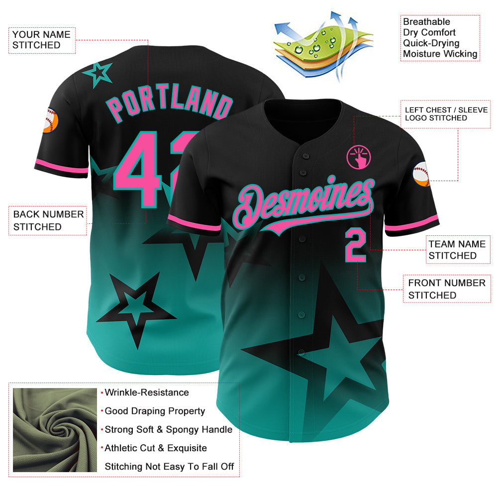 Custom Black Pink-Aqua 3D Pattern Design Gradient Style Twinkle Star Authentic Baseball Jersey - Sky-Custom