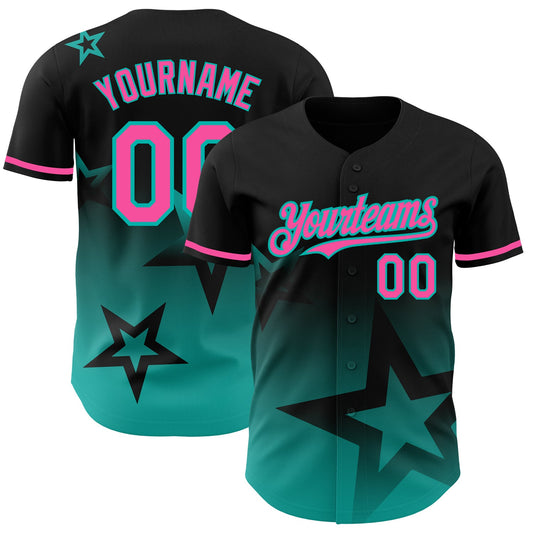 Custom Black Pink-Aqua 3D Pattern Design Gradient Style Twinkle Star Authentic Baseball Jersey - Sky-Custom