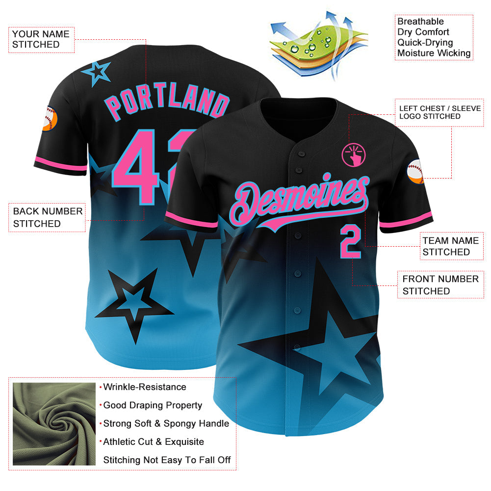 Custom Black Pink-Sky Blue 3D Pattern Design Gradient Style Twinkle Star Authentic Baseball Jersey - Sky-Custom