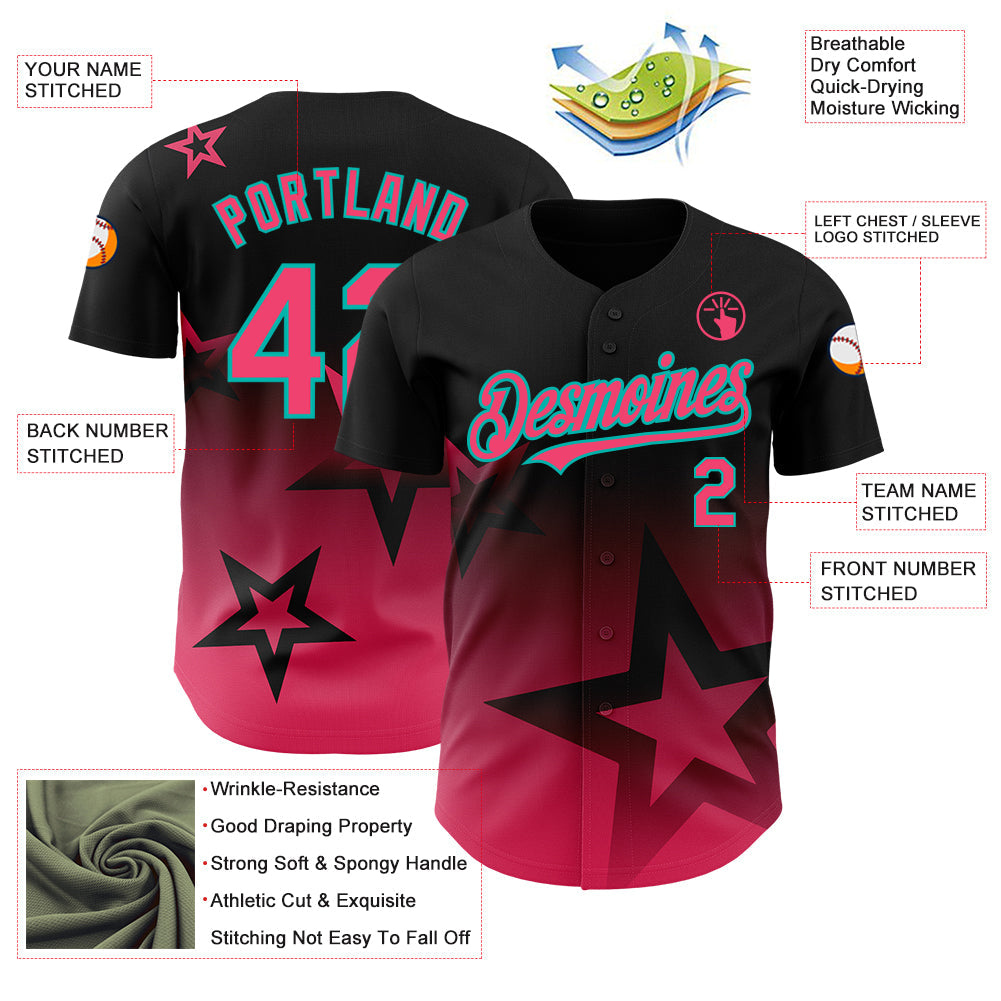 Custom Black Neon Pink-Aqua 3D Pattern Design Gradient Style Twinkle Star Authentic Baseball Jersey - Sky-Custom