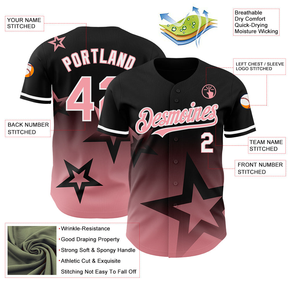 Custom Black Medium Pink-White 3D Pattern Design Gradient Style Twinkle Star Authentic Baseball Jersey - Sky-Custom
