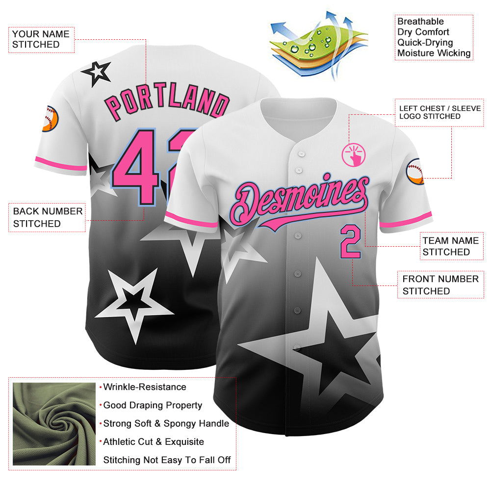 Custom White Pink Black-Light Blue 3D Pattern Design Gradient Style Twinkle Star Authentic Baseball Jersey - Sky-Custom